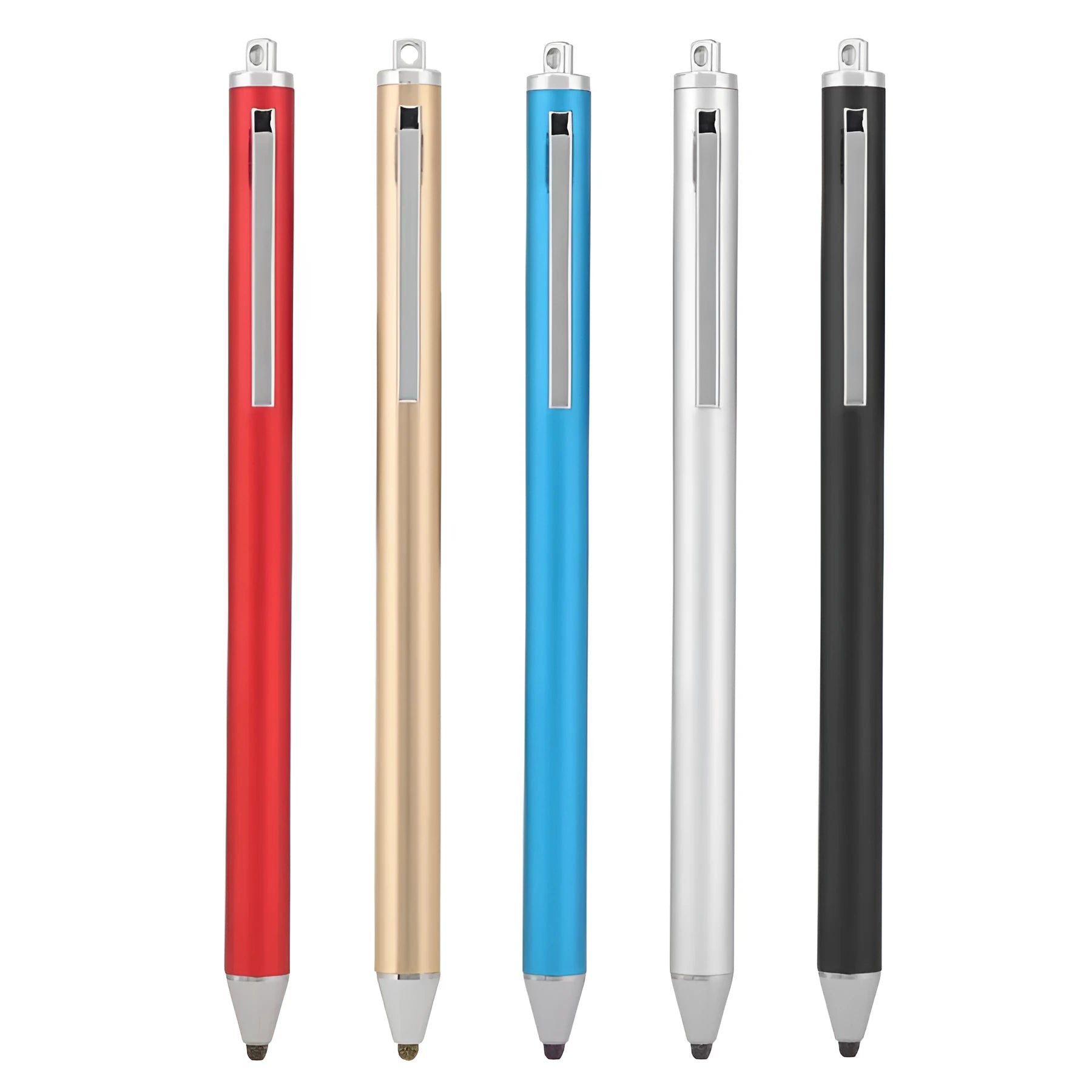 Metal capacitive stylus pen in seven colour options: black, silver, red, sky blue, gold, pink, and grey.