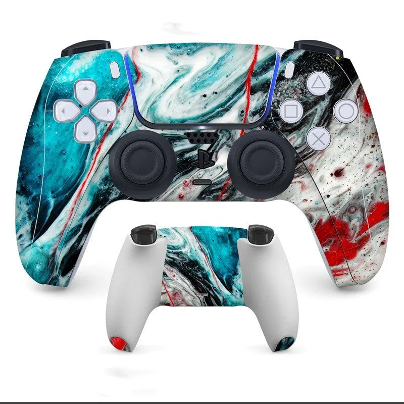 PS5 DualSense controller with anti-scratch front and back protection stickers applied.
