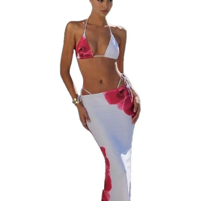 White printed bandage skirt bikini swimsuit for women three-piece set polyester fibre