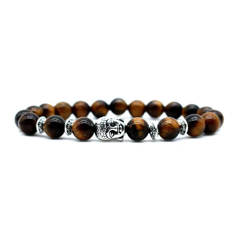Handmade unisex beaded bracelet with 19mm Tiger Eye Buddha head bead.
