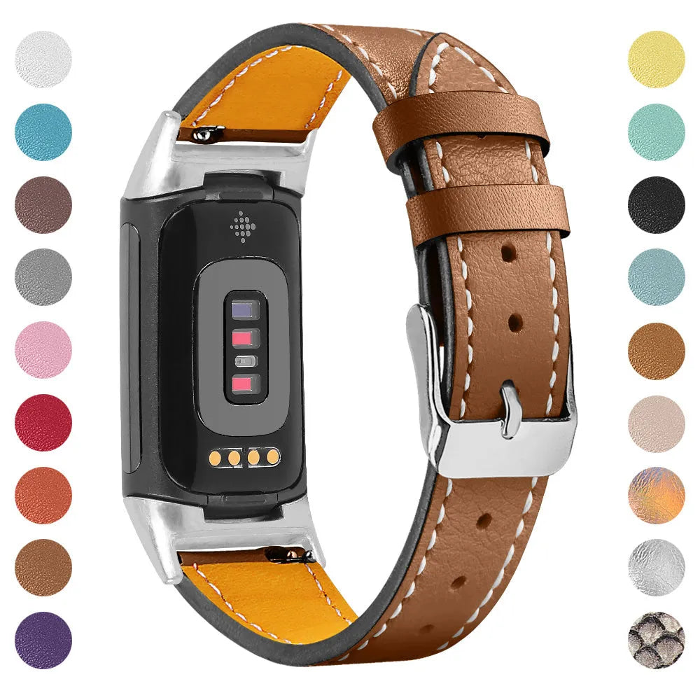 Genuine cowhide leather replacement strap for Fitbit Charge 5 and Charge 6 smartwatches in various colours.
