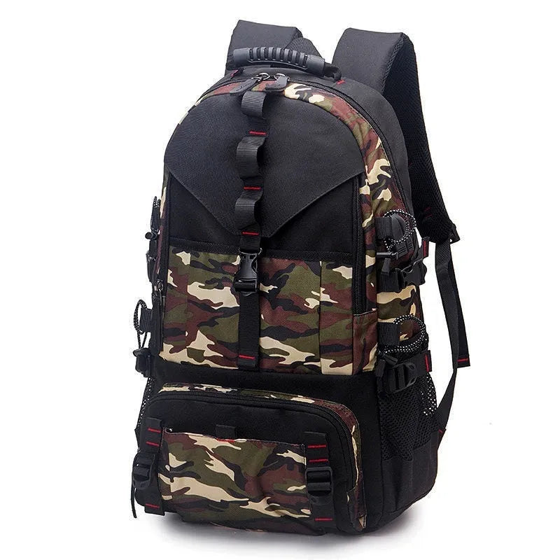 Men's large waterproof hiking backpack in Oxford cloth with air cushion back system, shown in a camouflage colour variant.