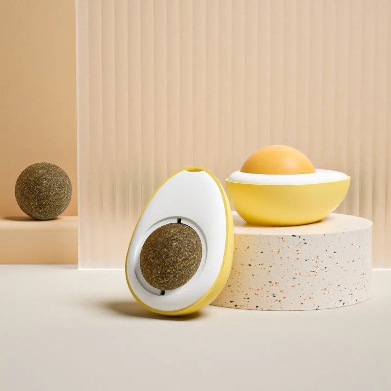 Soft plush catnip ball toy in fried egg and poached egg shapes for wall-mounted cat play
