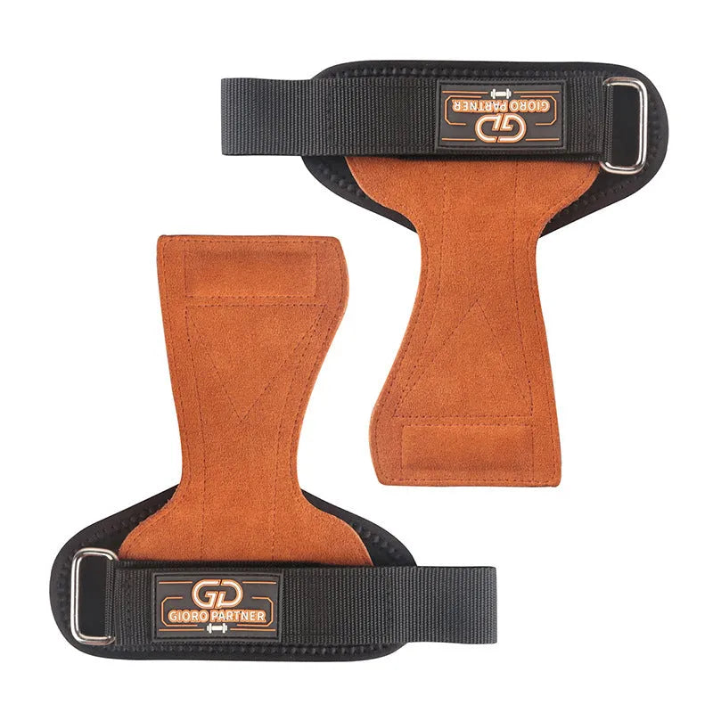 Pair of brown-red cowhide palm protectors for weightlifting and deadlifts