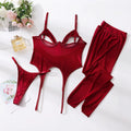 Women's one-piece mesh stockings assembly with top and underwear featuring steel rings and hollow see-through design