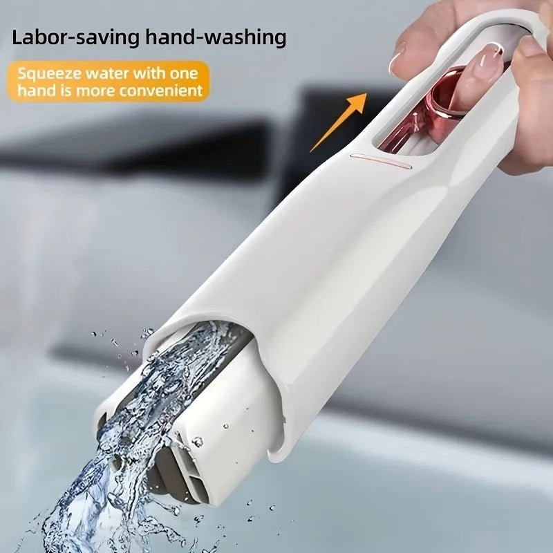 Portable self-squeeze mini mop with sponge head folded 180° for wringing, compact size for cleaning desk and window