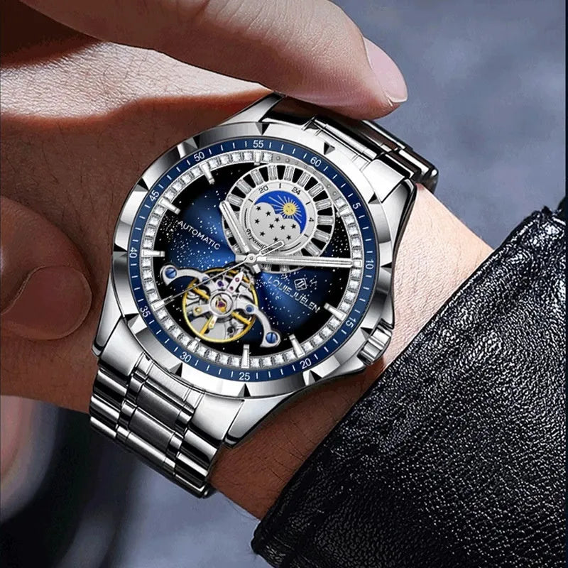 Men's silver alloy automatic mechanical watch with blue dial and stainless steel strap