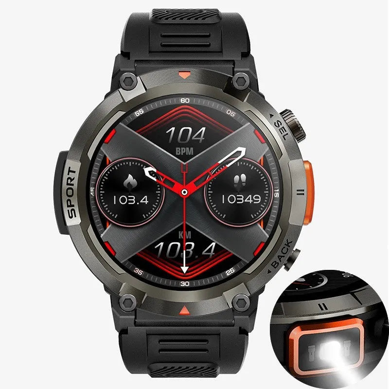 Outdoor smartwatch with round TFT screen, zinc alloy case, and classic buckle strap on a wrist