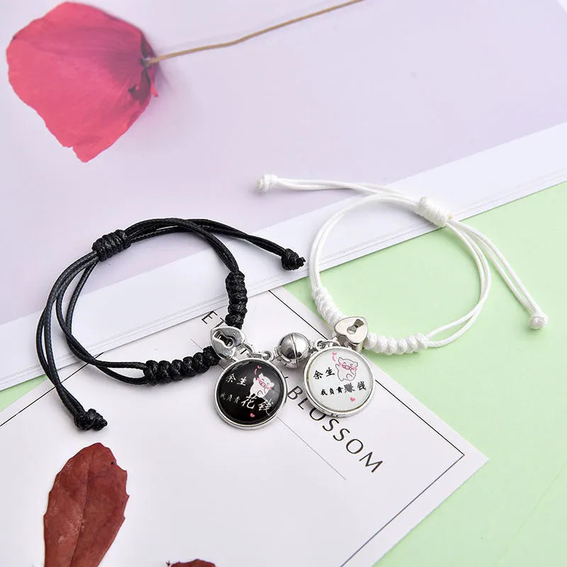Magnet couple bracelets with electroplated finish showing magnetic clasp and symbolic design options