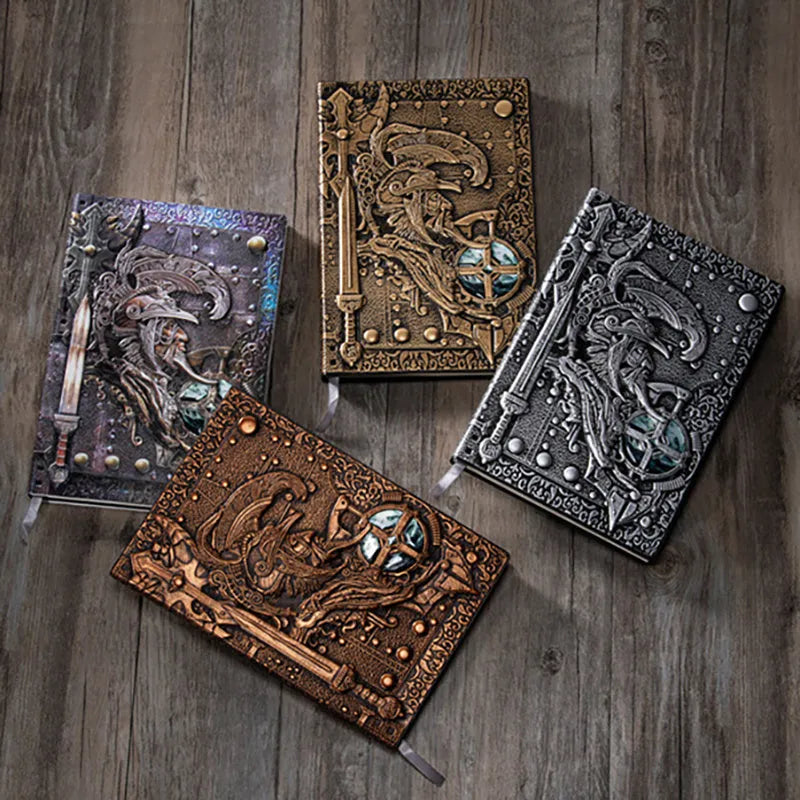 Creative retro A5 leather notebook with 3D warriors relief embossed cover, shown open on durable paper pages.