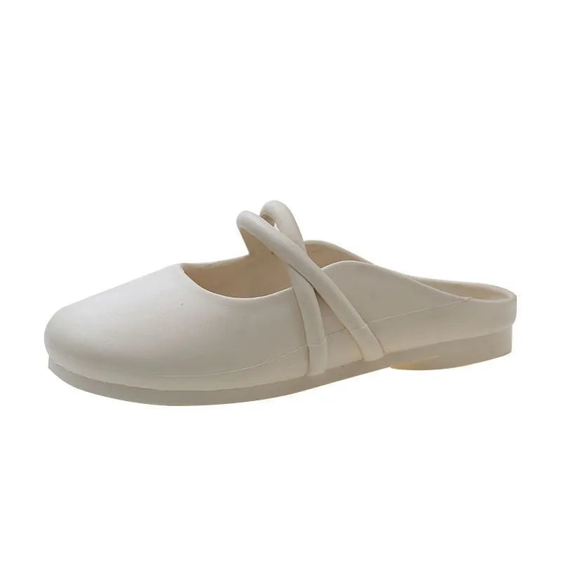 Ladies plastic baotou sandals in black, beige, or green, shown as flip flops.