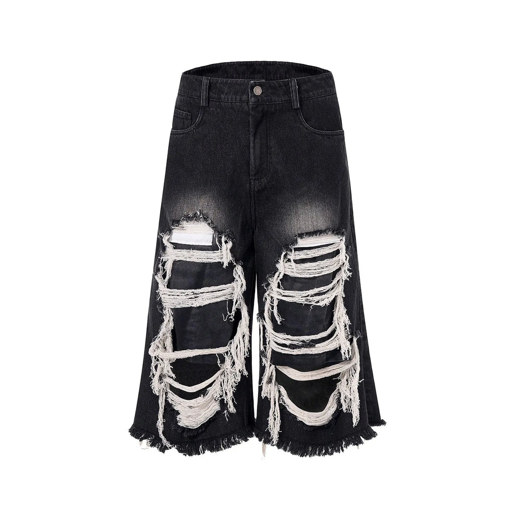 Cropped wide leg jeans mid-high waist black cotton denim ripped patch loose fit