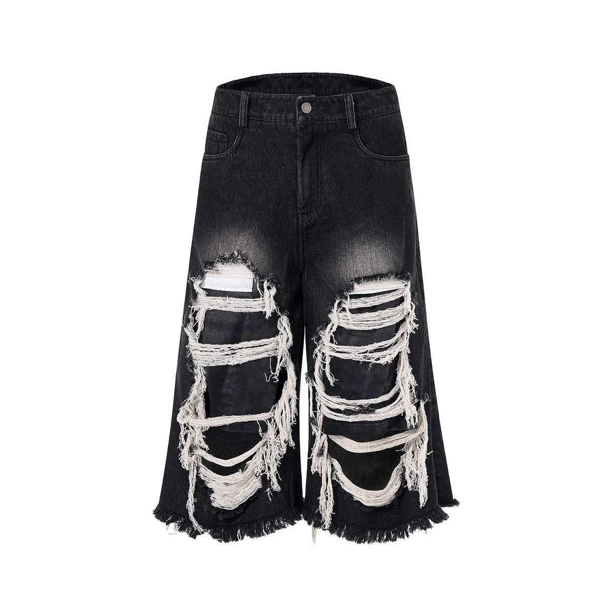 Cropped wide leg jeans mid-high waist black cotton denim ripped patch loose fit