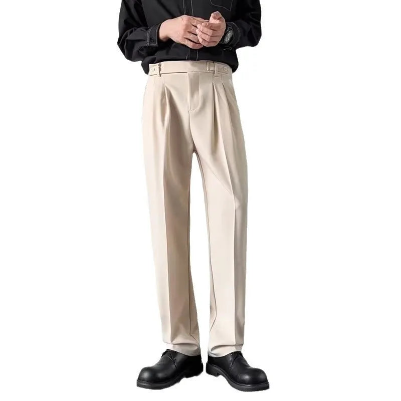Men's straight cut loose fitting suit trousers in black and apricot colours