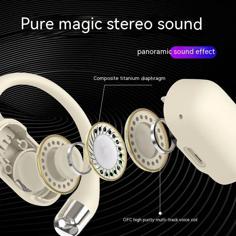 True wireless Bluetooth headset with ear hook design, ABS construction, and 500mAh battery in electroplated black finish