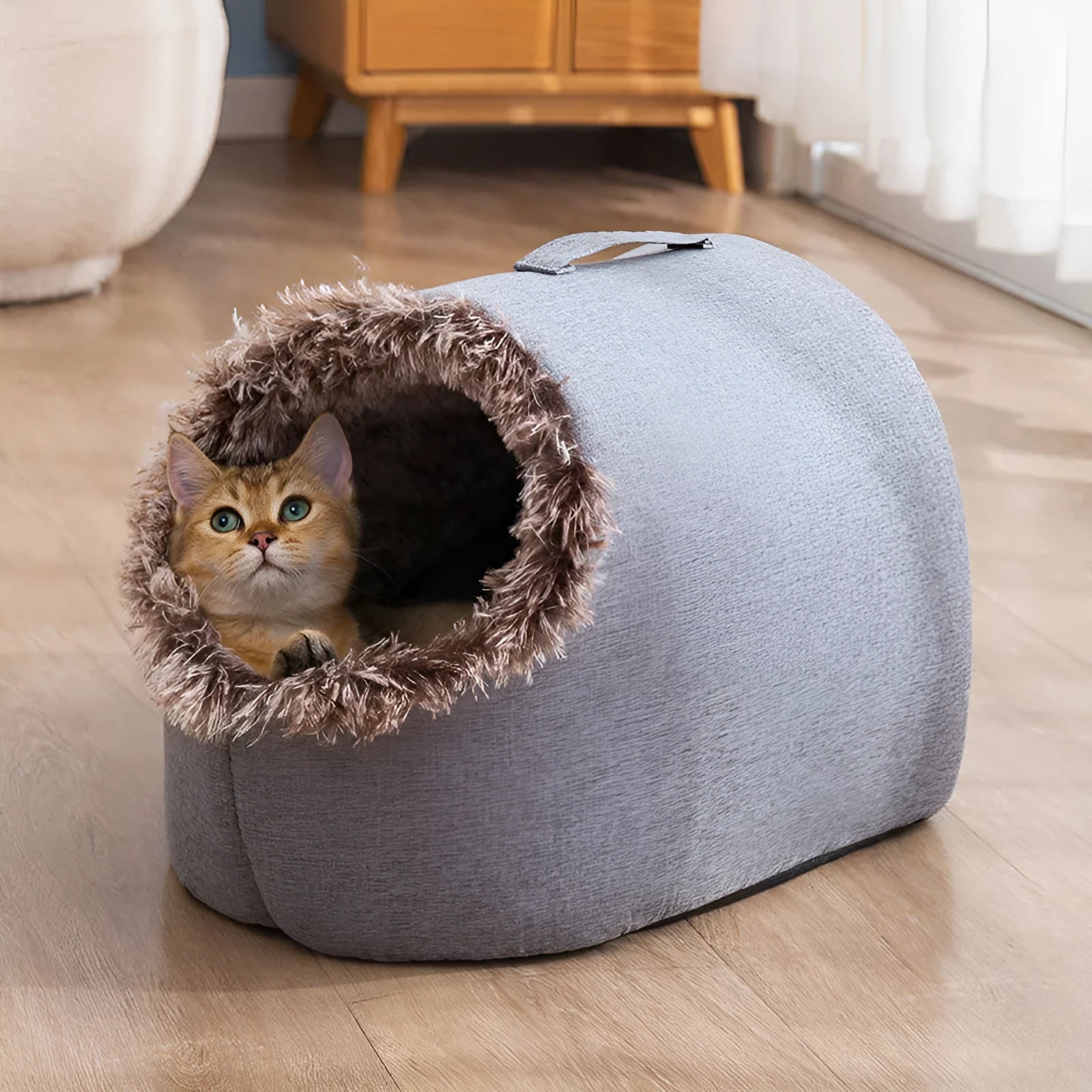 Grey fleece-lined closed cat sleeping bag for winter, shown next to a brown version.