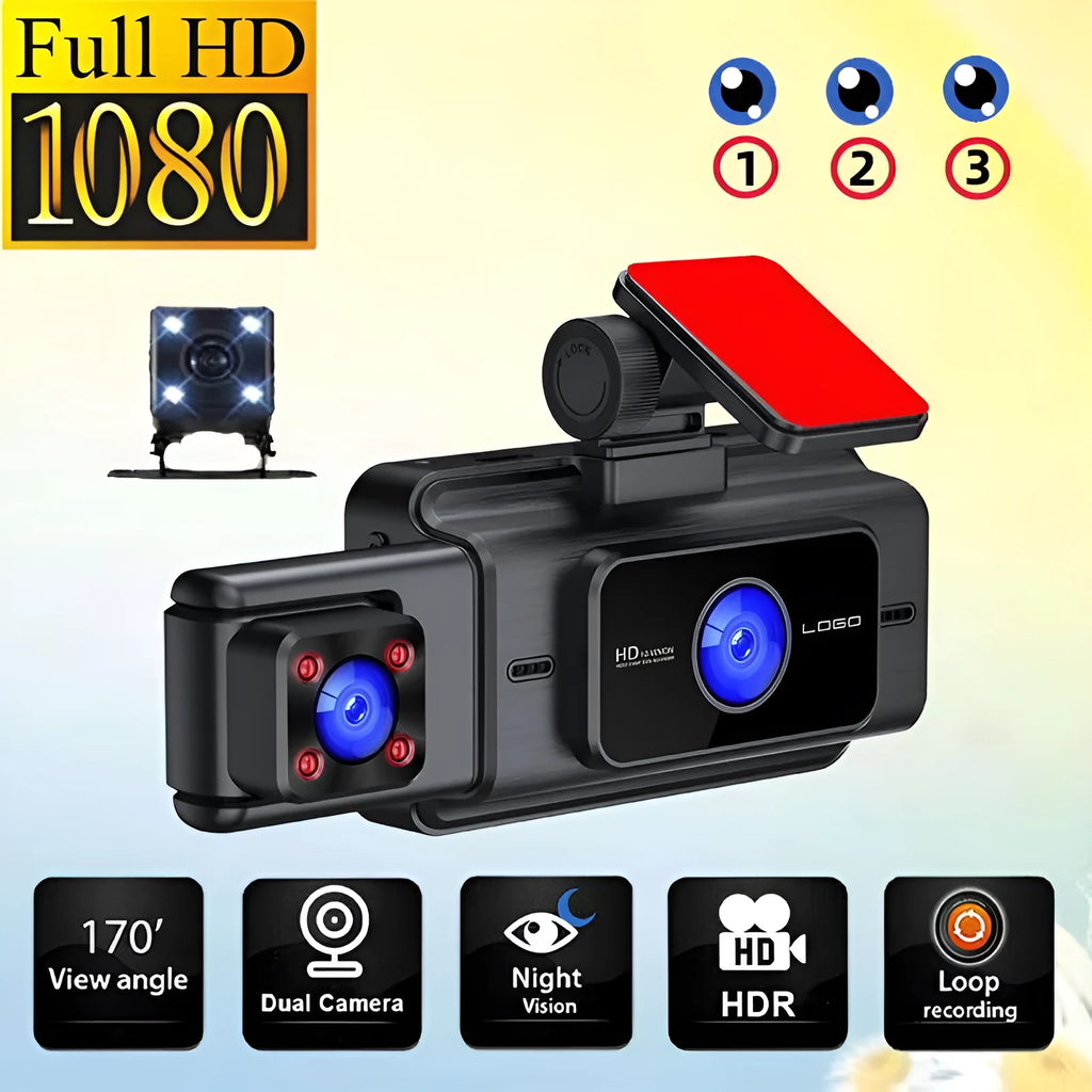 Black triple-lens dashboard camera with 3.0 inch screen for vehicle installation