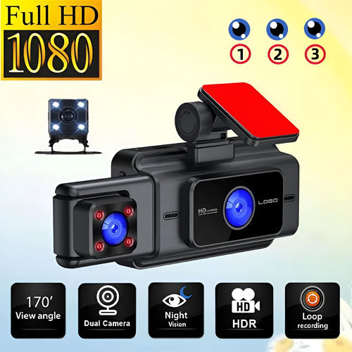 Black triple-lens dashboard camera with 3.0 inch screen for vehicle installation