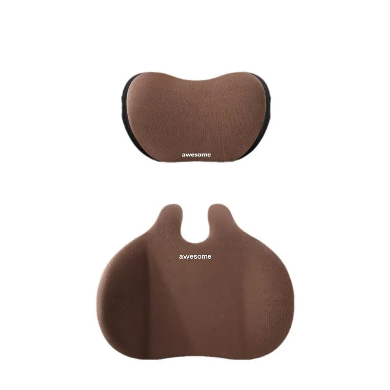 Car headrest and lumbar support pillow set in cloth material, shown in available colours.