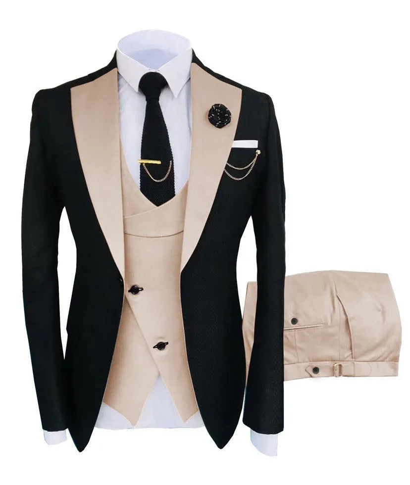 Men's slim fit three-piece suit in a light business style with coat, vest, and trousers