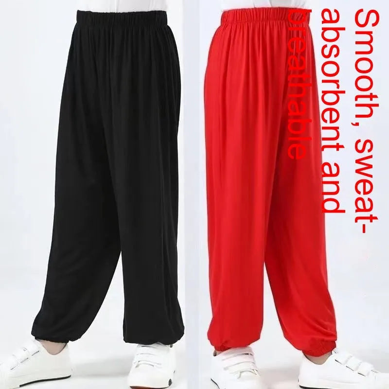 Children's black high elasticity Sanda practice pants made from Lycra fabric for martial arts training.