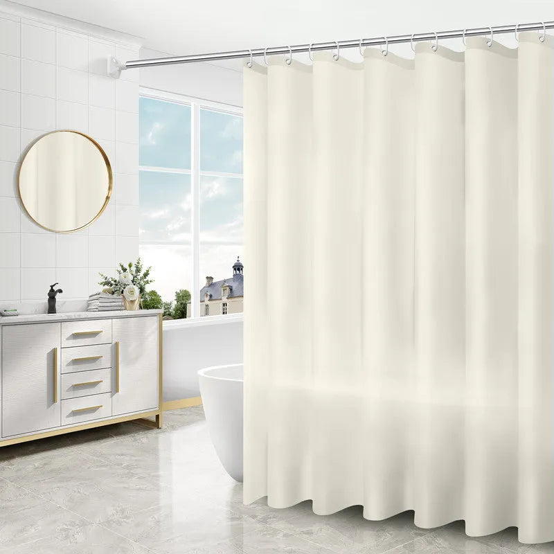 PEVA shower curtain with stainless steel buttonholes in a geometric pattern, available in multiple sizes and colours