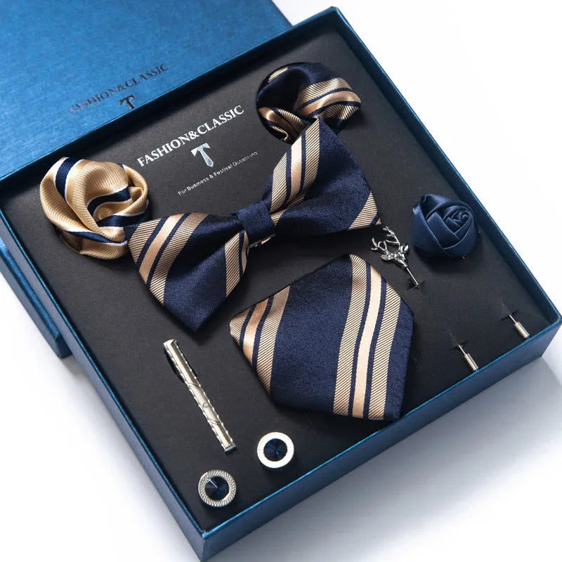Men's 8-piece rayon jacquard bow tie set, heart shape arrow style, monochrome pattern, 146cm length