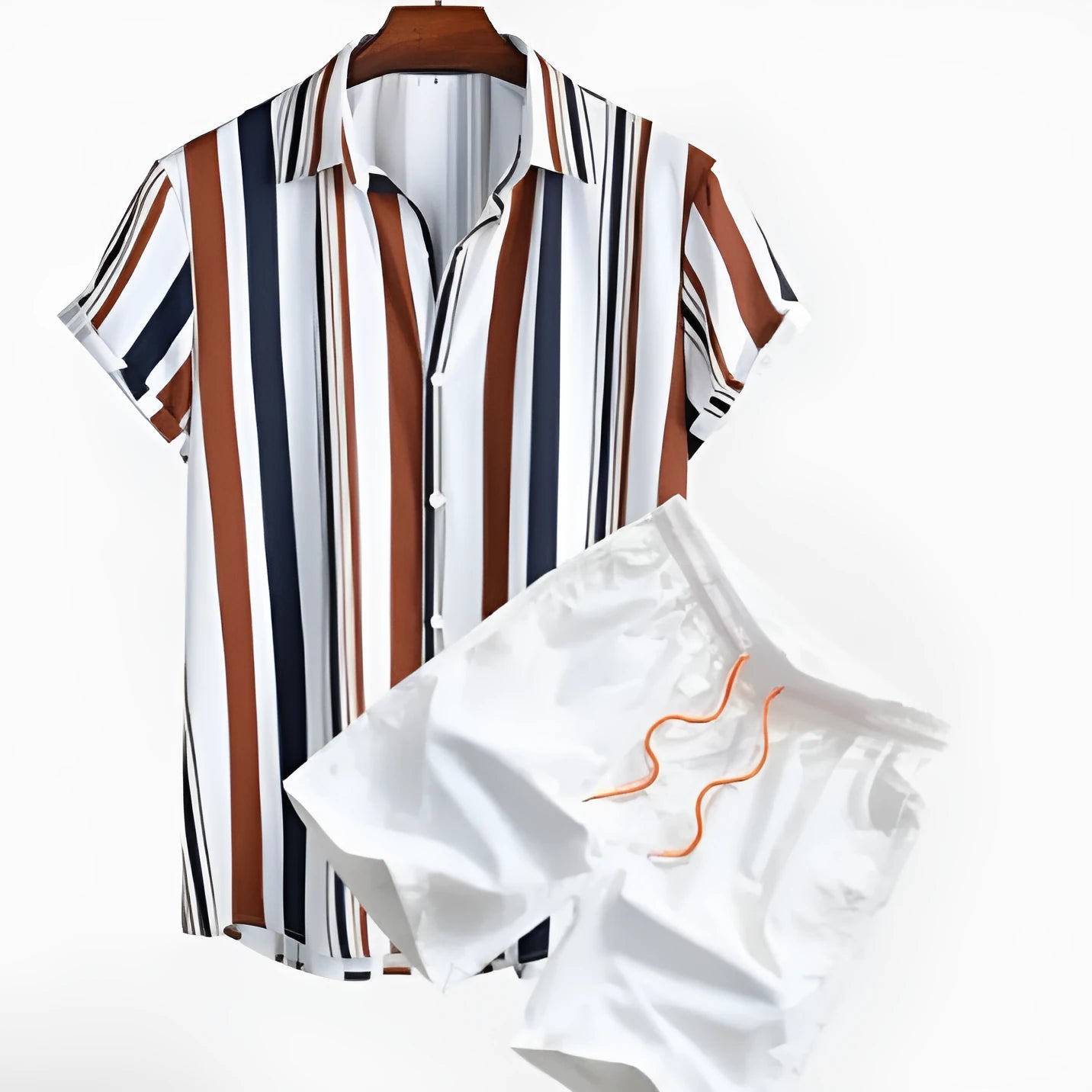 Men's casual digital print short sleeve shirt and matching shorts set on a hanger