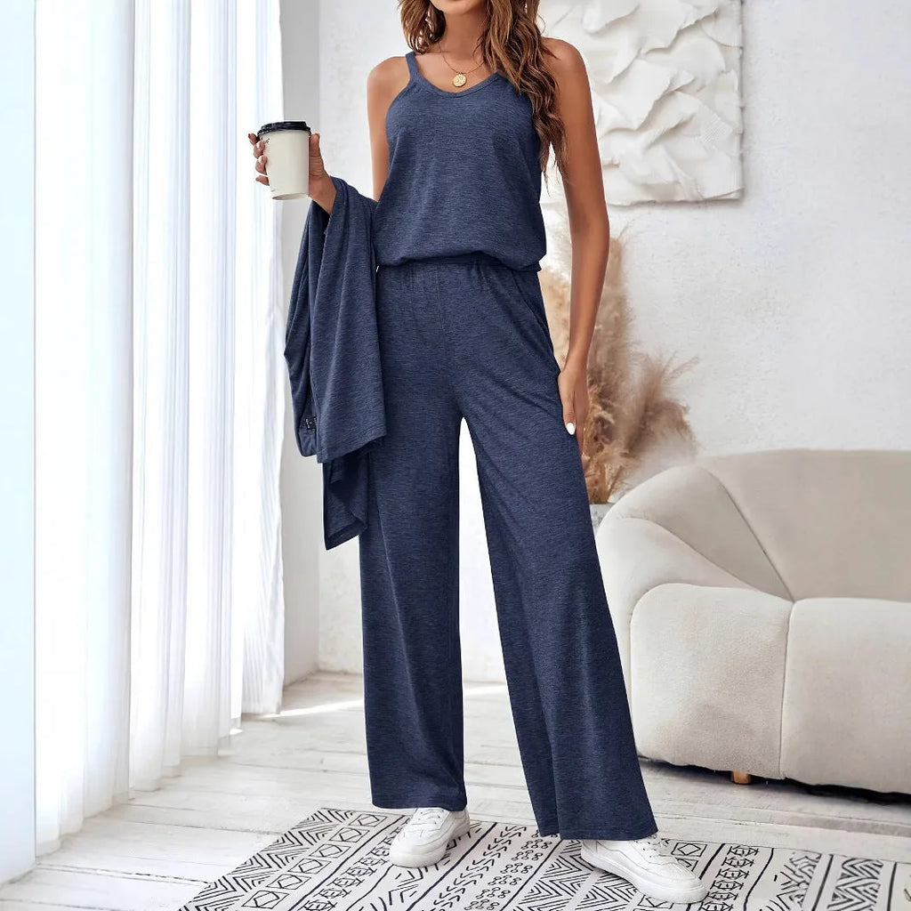 Blue women's three-piece casual suit set with cardigan, top, and trousers