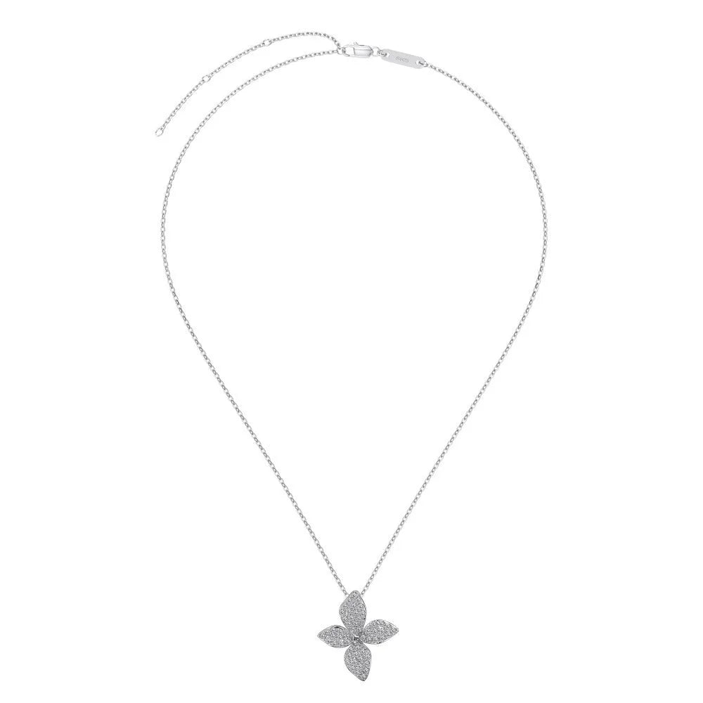 925 silver flower design open ring, necklace, and earring suite with white zircon inlay on a white background