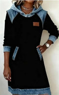 Denim colour matching ladies hoodie skirt with contrast stitching and raglan sleeves in white colour option