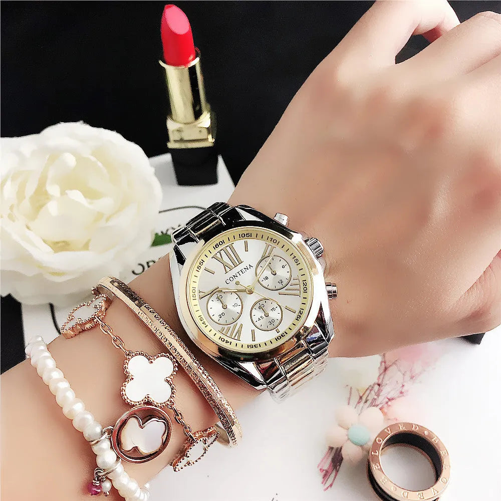 Women's silver and gold diamond quartz watch with mesh metal strap