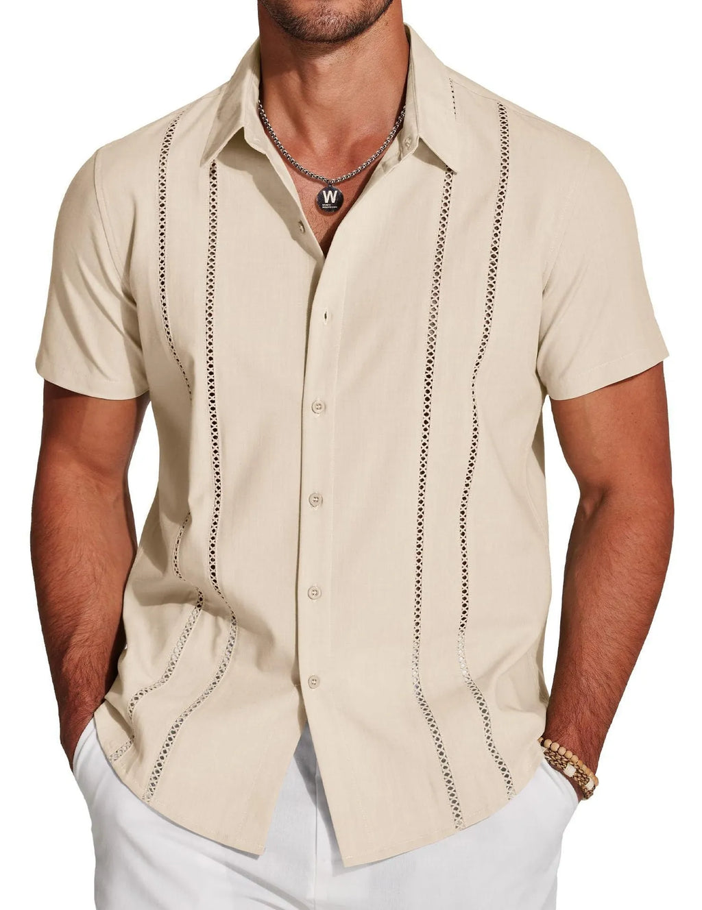 Men's slim fit Hawaiian short sleeve shirt with digital print pattern and elastic band detail.