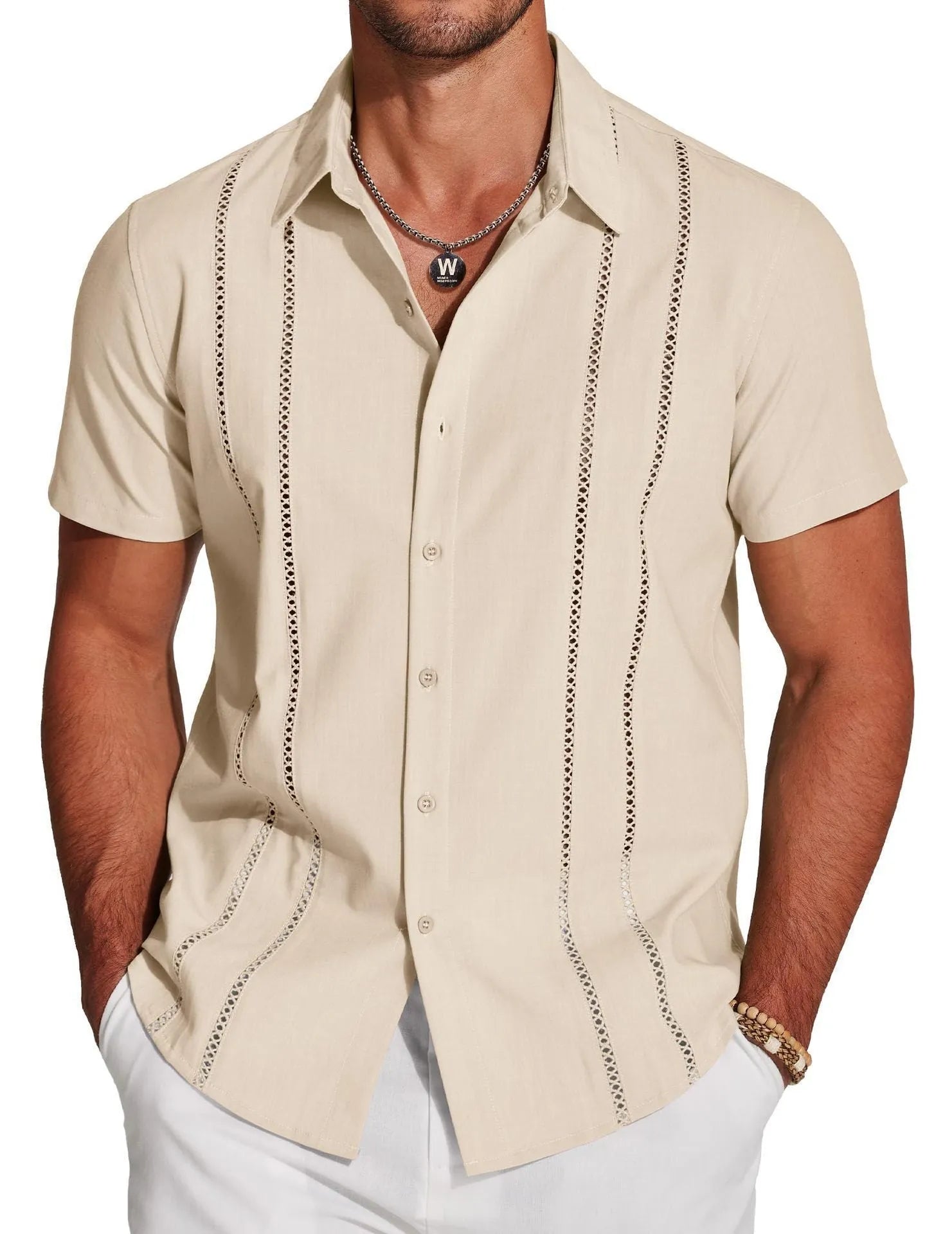 Men's slim fit Hawaiian short sleeve shirt with digital print pattern and elastic band detail.