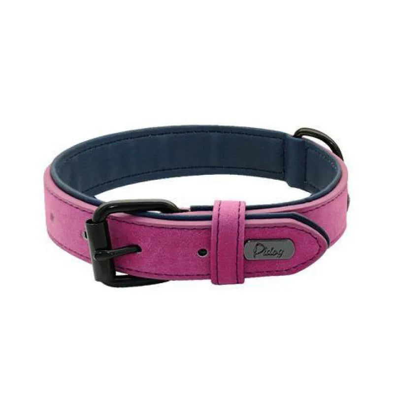 Adjustable dog collar showing double-layer construction with PU front and microfiber back in multiple colour options