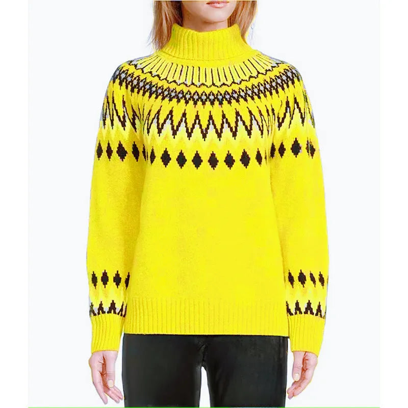 Women's knitted sweater in brown, acetate fibre jacquard pullover with long sleeves, front view