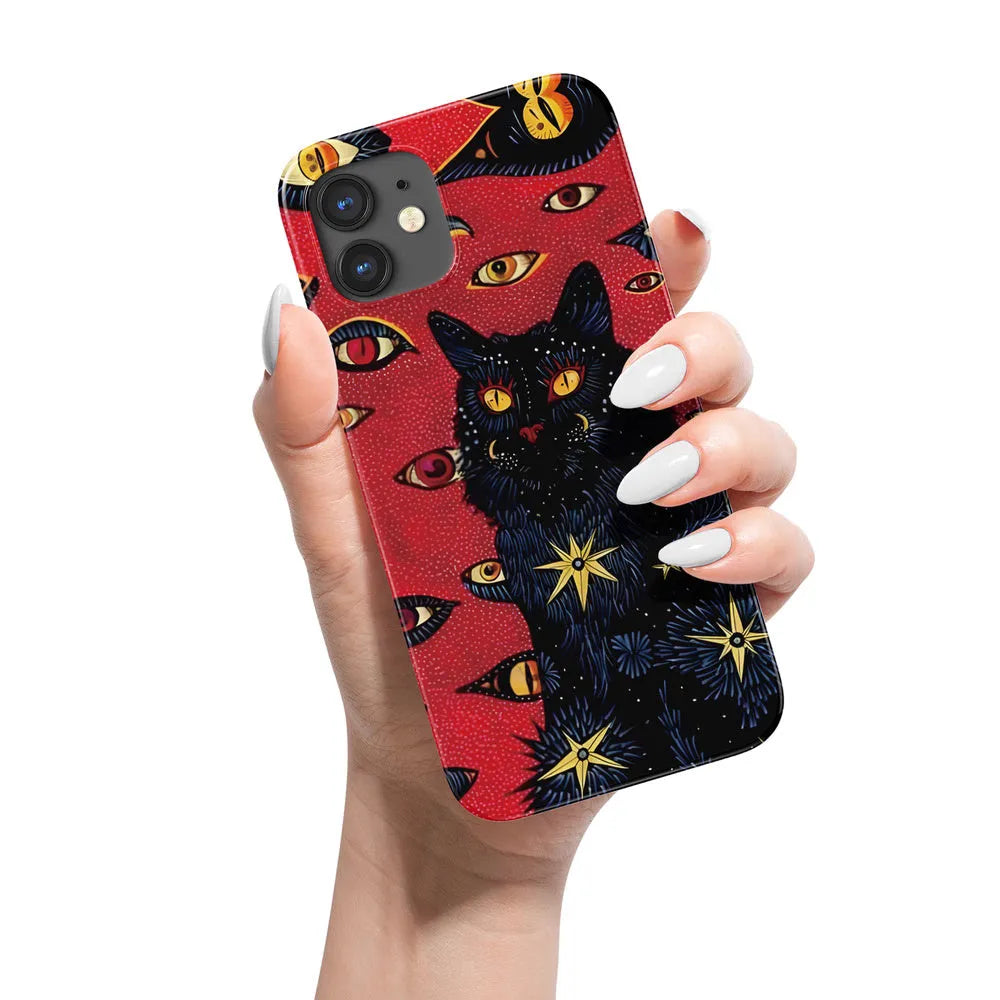 Retro cat eye design hard shell phone case for IPhone on a table, showing frosted and glossy finish options.
