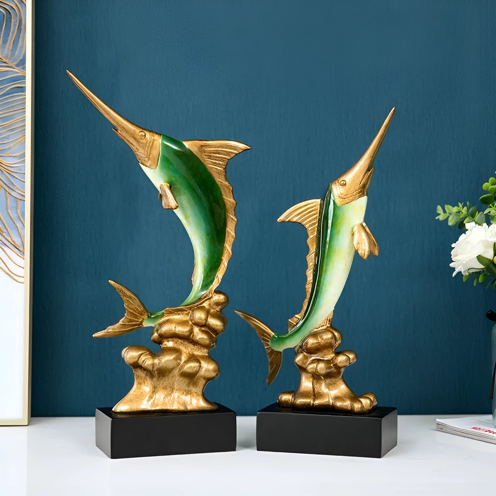 European swordfish resin and plastic decorative ornament in choice of colours on a shelf.
