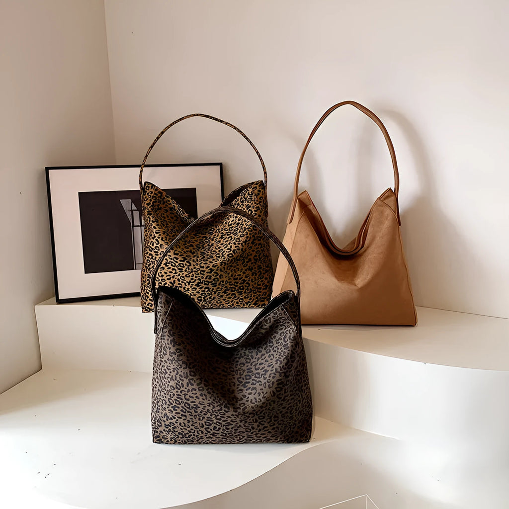 Women's leopard print large capacity tote bag in brown PU material with horizontal square shape and shoulder strap
