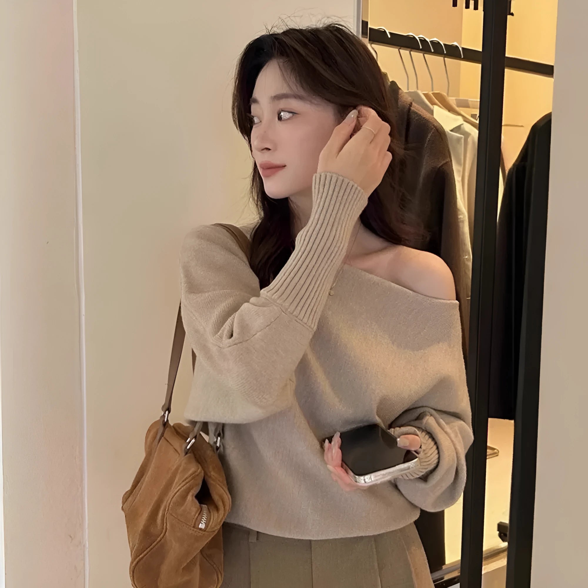 Women's long sleeve viscose pullover blouse in carbon grey, shown as a free-size casual top.