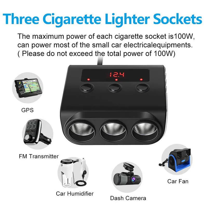 Black ABS car charger with 4 USB ports and 3 cigarette lighter ports on a 12V extension cable