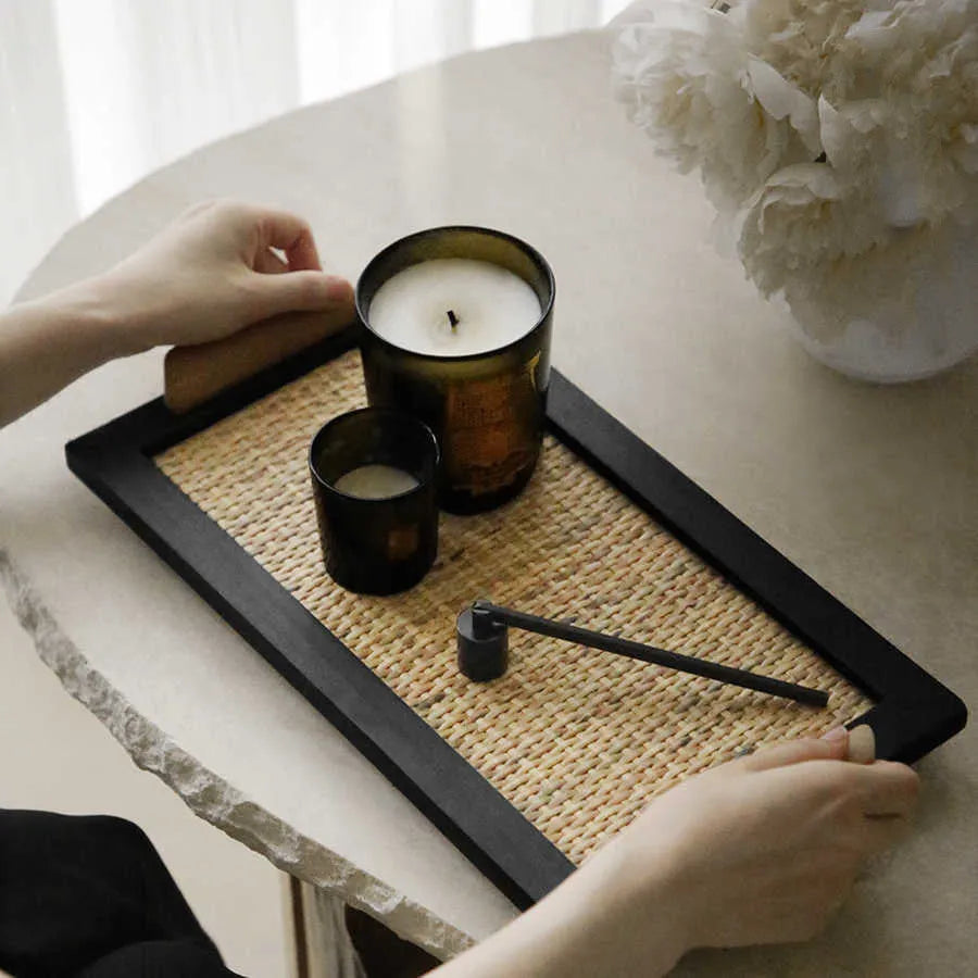 Natural pine wood compartment tray with separate sections for tea and snacks