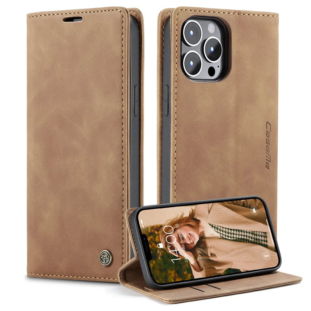 Imitation leather magnetic flip phone case with card holder for iPhone 14 in black