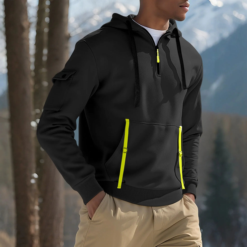 Men's fleece-lined casual hoodie pullover in khaki, polyester, long sleeves, sizes S to XXXL