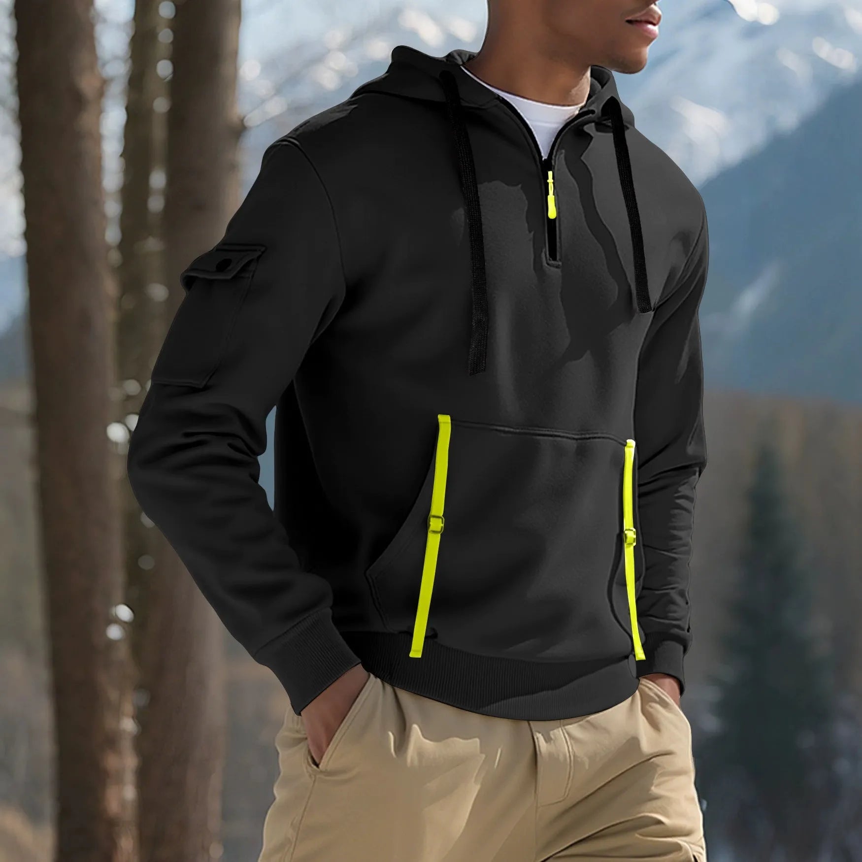 Men's fleece-lined casual hoodie pullover in khaki, polyester, long sleeves, sizes S to XXXL