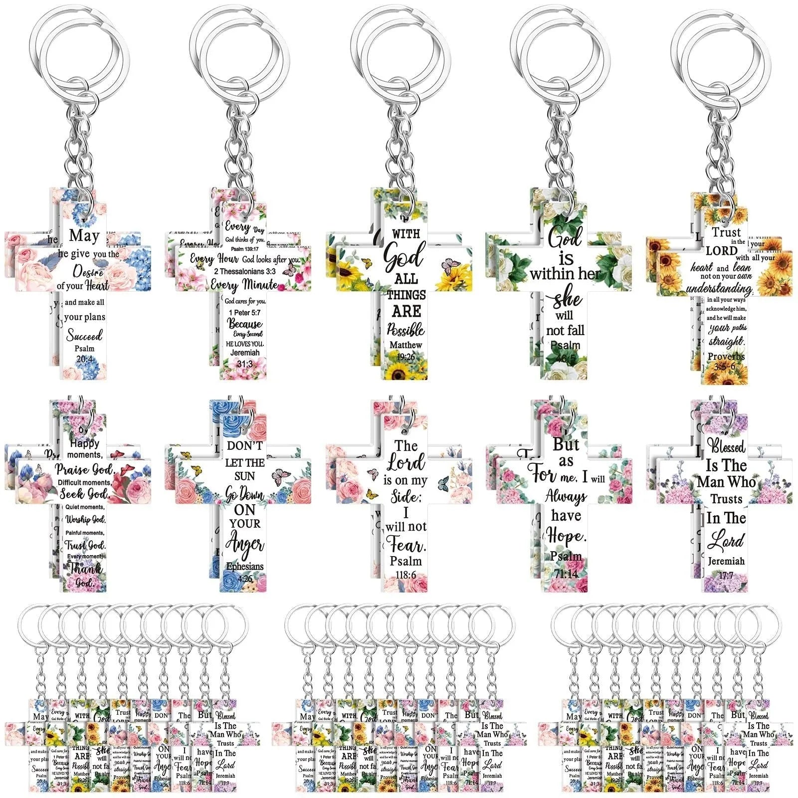 Set of acrylic key pendants with Easter, Halloween, and Christmas designs in clear high-transparency finish