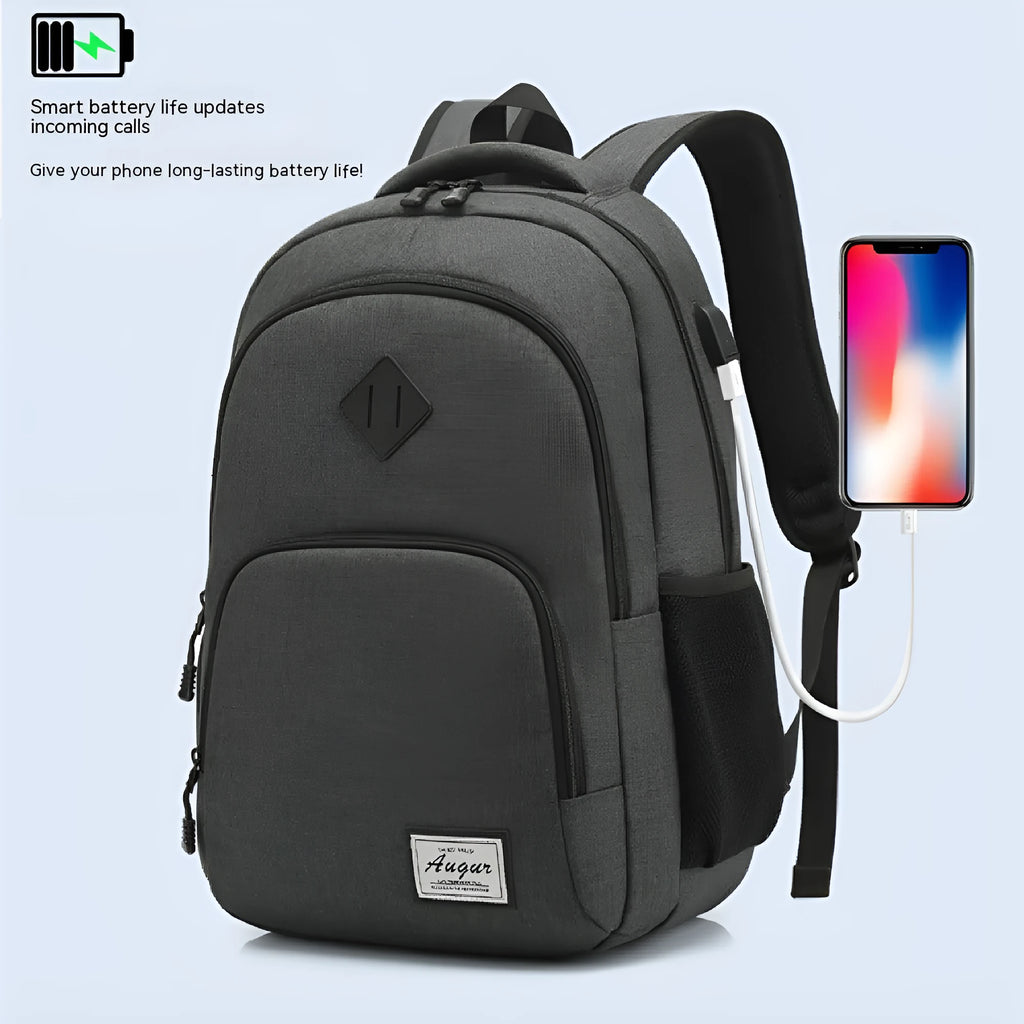 Grey lightweight travel backpack with USB charging port and trolley case sleeve