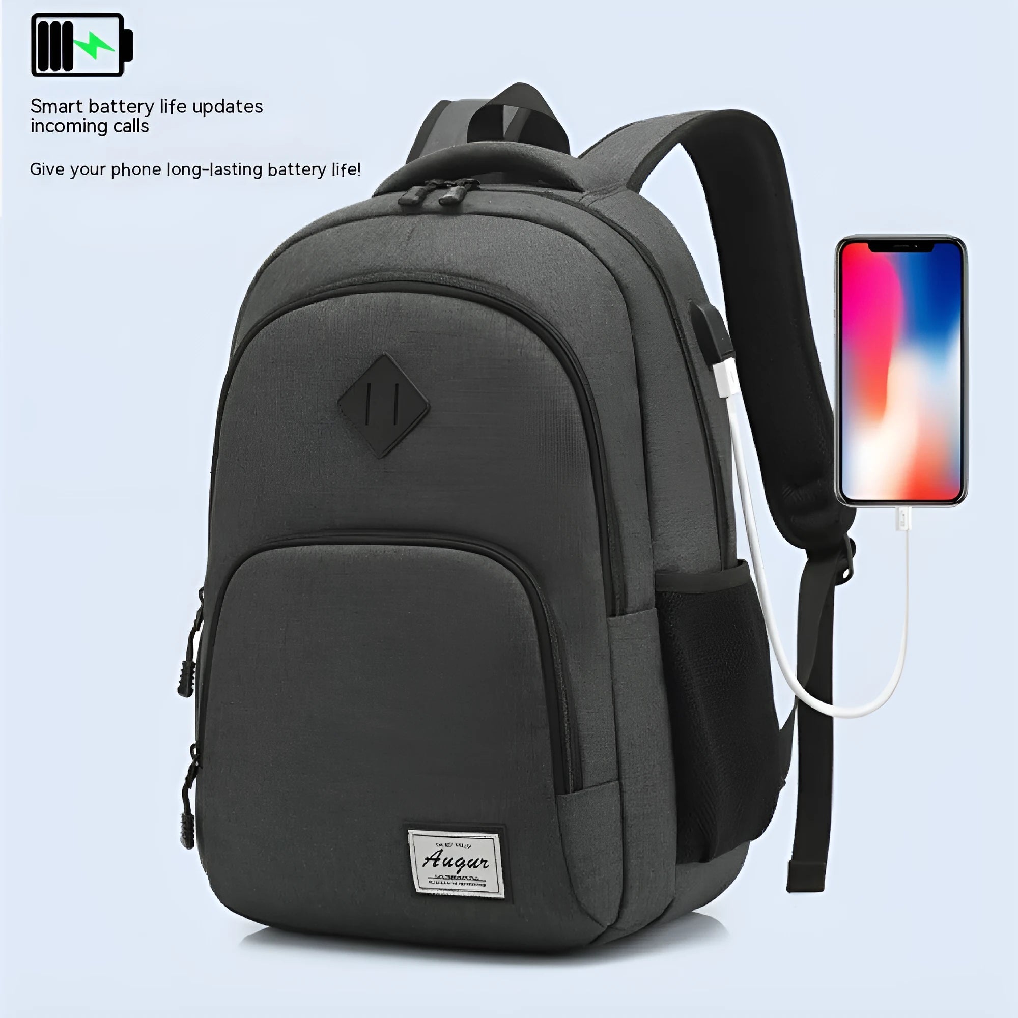 Grey lightweight travel backpack with USB charging port and trolley case sleeve