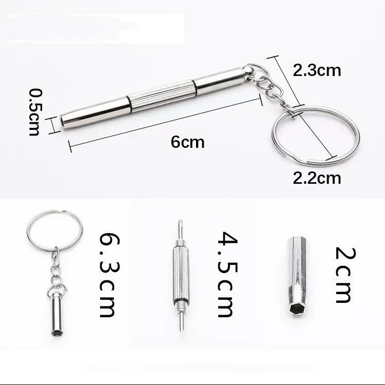 Stainless steel three-purpose screwdriver tool for glasses repair on a clean surface
