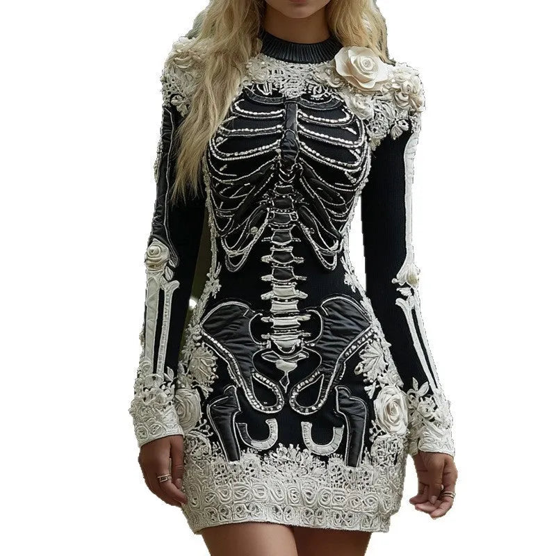Halloween 3D printed long sleeve narrow dress with v-neck in black colour